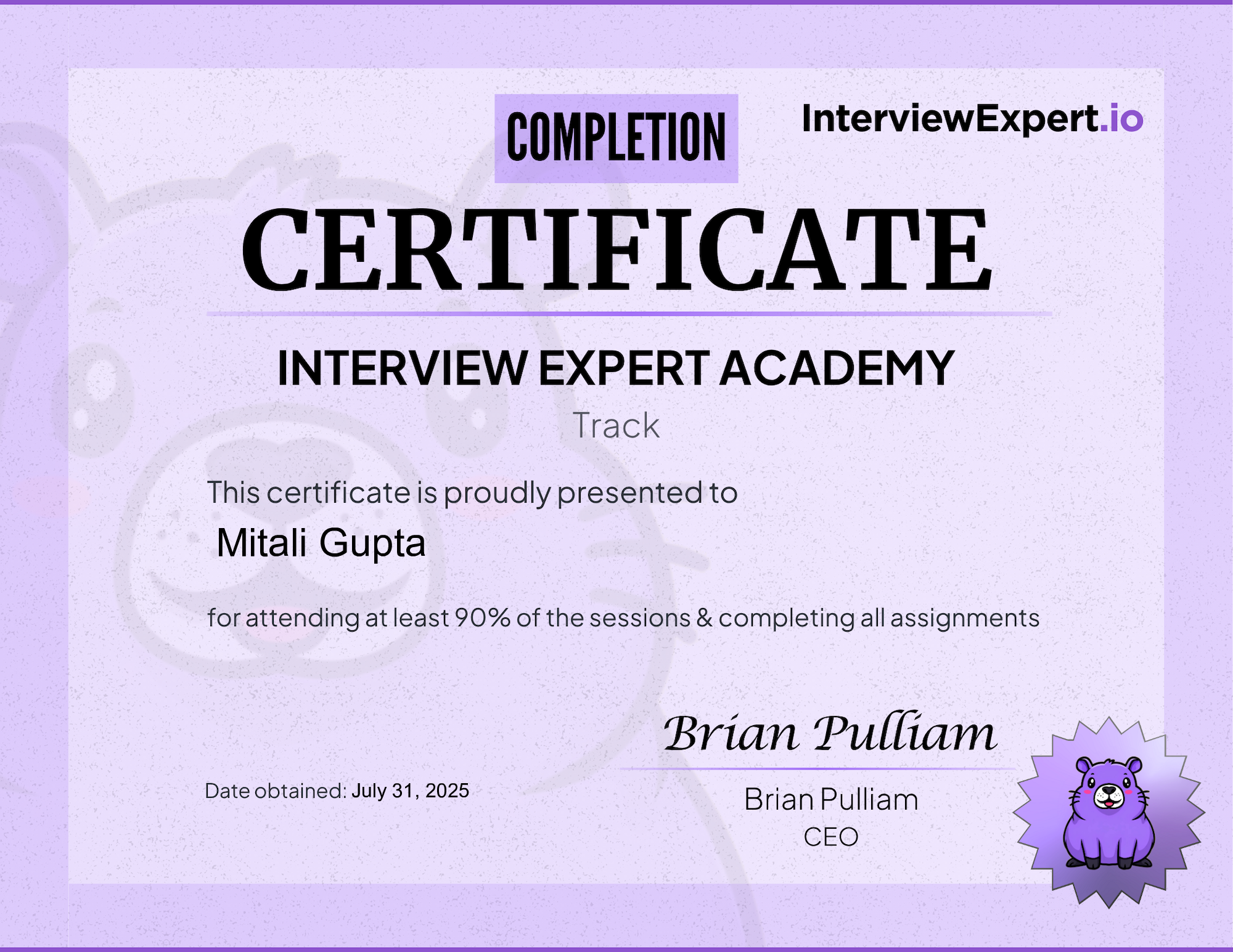 Mitali Gupta - Interview Expert Academy Completion Certification